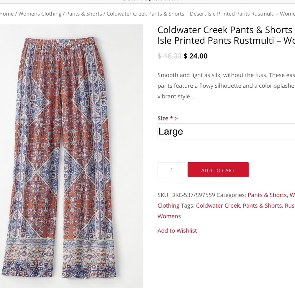 Coldwater Creek rust & blue printed pants